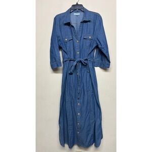 J. Gee Denim Shirt Dress 3X Blue Button Front Tie Waist Maxi Cotton